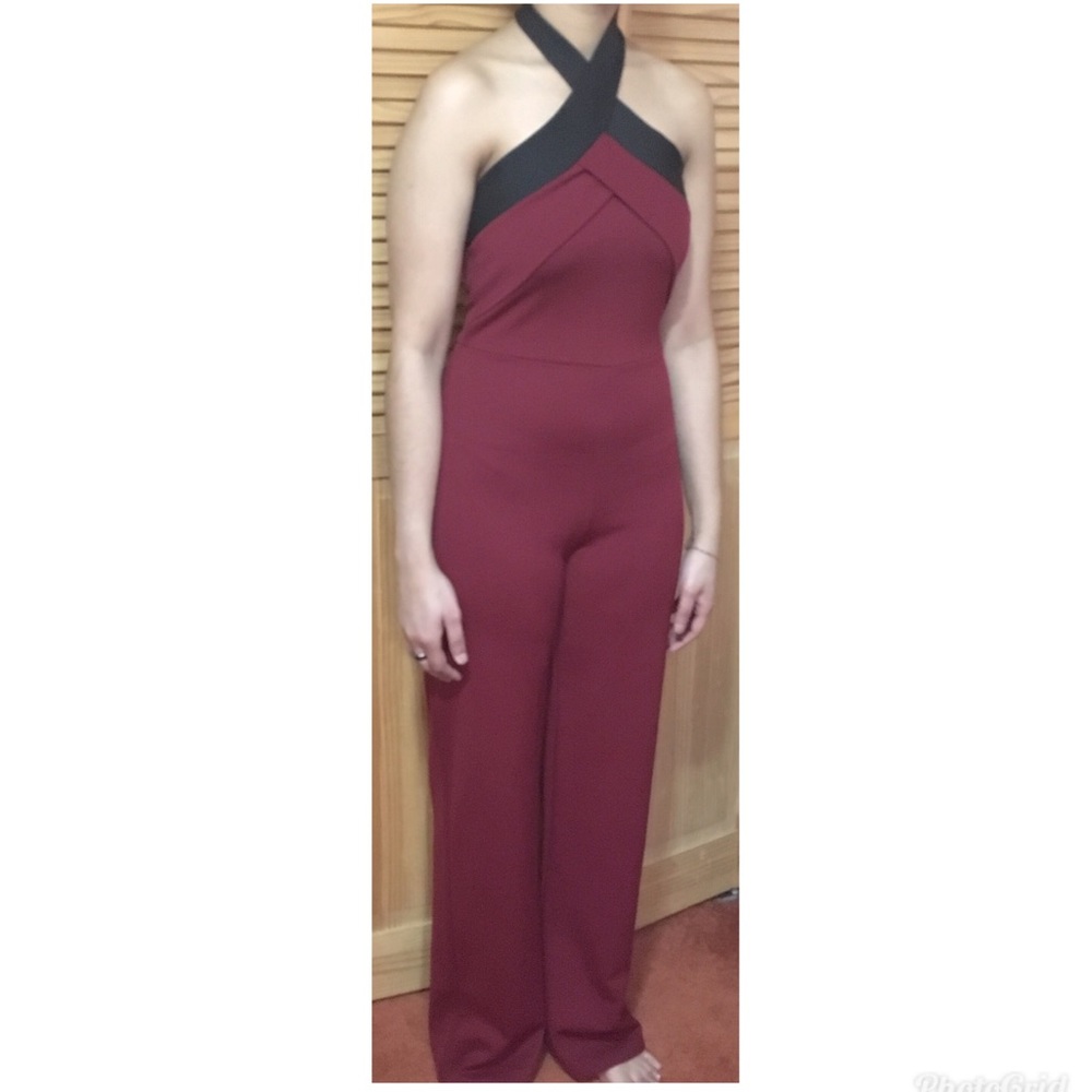 Boohoo Burgundy and Black Halter-Neck Jumpsuit